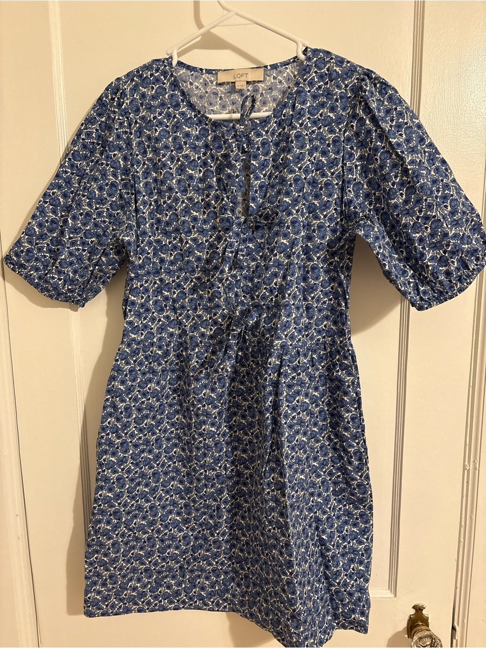LOFT Blue and White Floral Tie-Neck Top